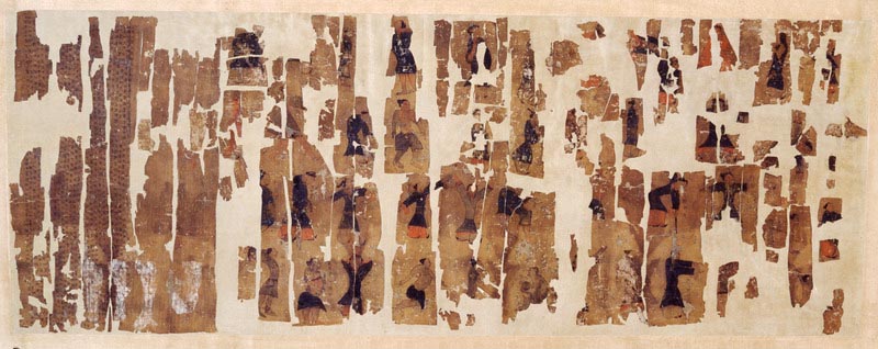 tela desdibujada con restos de dibujos de qigong hallados en el yacimiento de mawangdui.